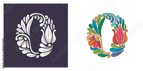 0 logo. Number zero with botanical and flower pattern. Traditional leaves and curved lines embroidery ornament. Icon for wedding ceremony, vintage greeting cards, birthday identity, party invitations