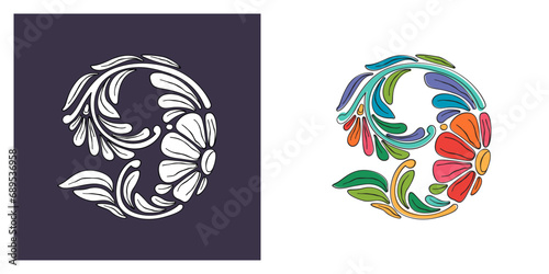 9 logo. Number nine with botanical and flower pattern. Traditional leaves and curved lines embroidery ornament. Icon for wedding ceremony, vintage greeting cards, birthday identity, party invitations