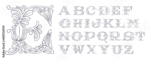Alphabet with botanical and flower pattern. Vintage line engraving set. Traditional leaves and curved lines embroidery ornament. Icon for wedding ceremony, birthday identity and party invitations.