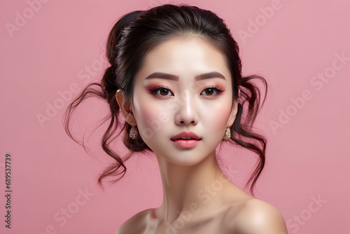 A beautiful young Asian woman with clean, fresh skin and tied-back hair is enjoying the freedom against a pink background.