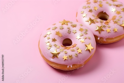 Group of glazed donuts with sprinkles isolated on pink background. © CosmicAtmoDN