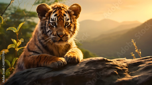 Cute baby tiger cub resting on a rock in sunny wilderness nature. Looking at the camera, little African wild cat, outdoors in a savanna full of predator animals