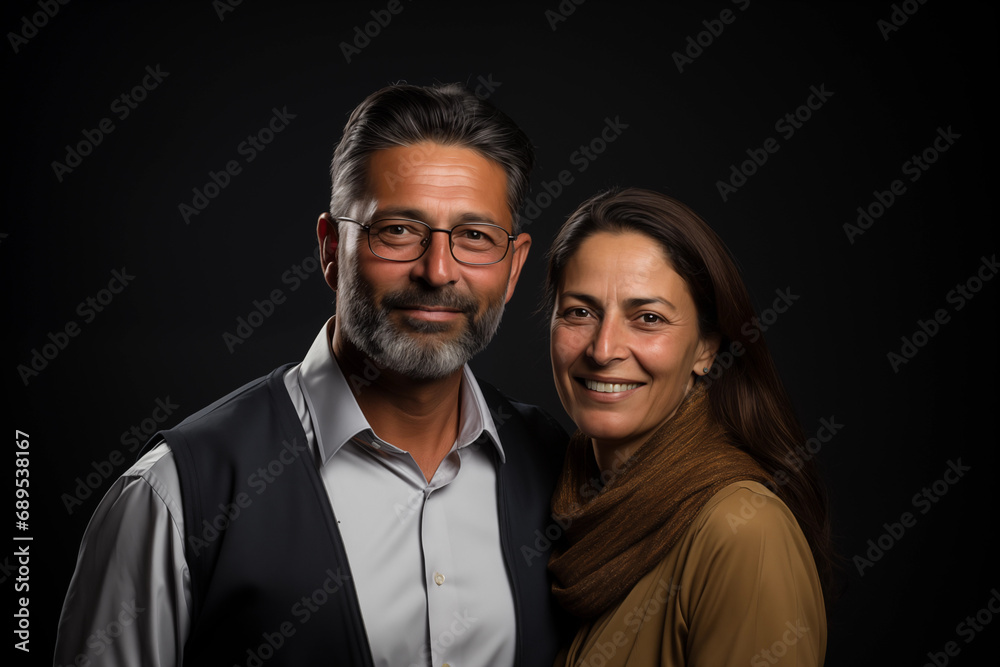 Smiling Pakistani couple standing close together, happy, looking to camera, portrait studio shot Smiling Pakistani couple standing close together, happy, looking to camera, portrait studio shot