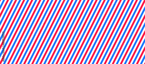 Barber shop pole background. Abstract diagonal line seamless pattern. Striped repeating wallpaper. Red, white and blue repeating texture. Vector wrapping paper backdrop