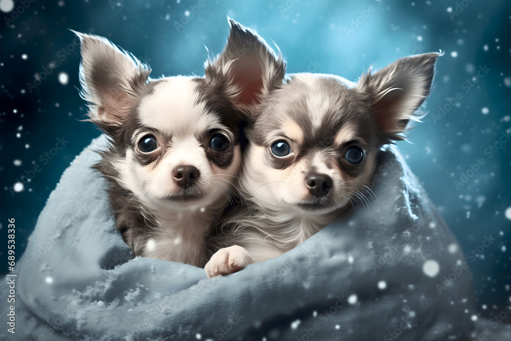 Cute Chihuahua dog breed puppies warming each other in cold snowy weather