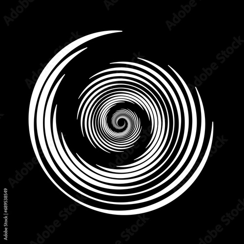 Spiral line element. Radial spinning stripes texture. Black and white circle swirl shape. Abstract whirlpool design for poster, banner, logo, icon, collage, label, tag, emblem. Vector illustration