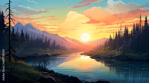 Fantasy landscape with river, forest and sunset. Background.