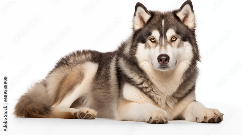 A adoreable husky in crouching position, white background
