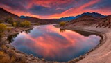 A scene sunset over the lake | Dusk's Reflection Dance | Twilight Serenity Lake | Crimson Horizon Waters