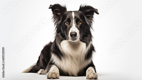 A adoreable Border collie in crouching position  white background