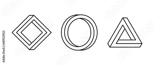 Impossible shape set. Line optical illusion circle, square, triangle. Outline mobius strip collection. Abstract unreal geometric forms. Linear puzzle design elements for logo, icon, label, tag. Vector