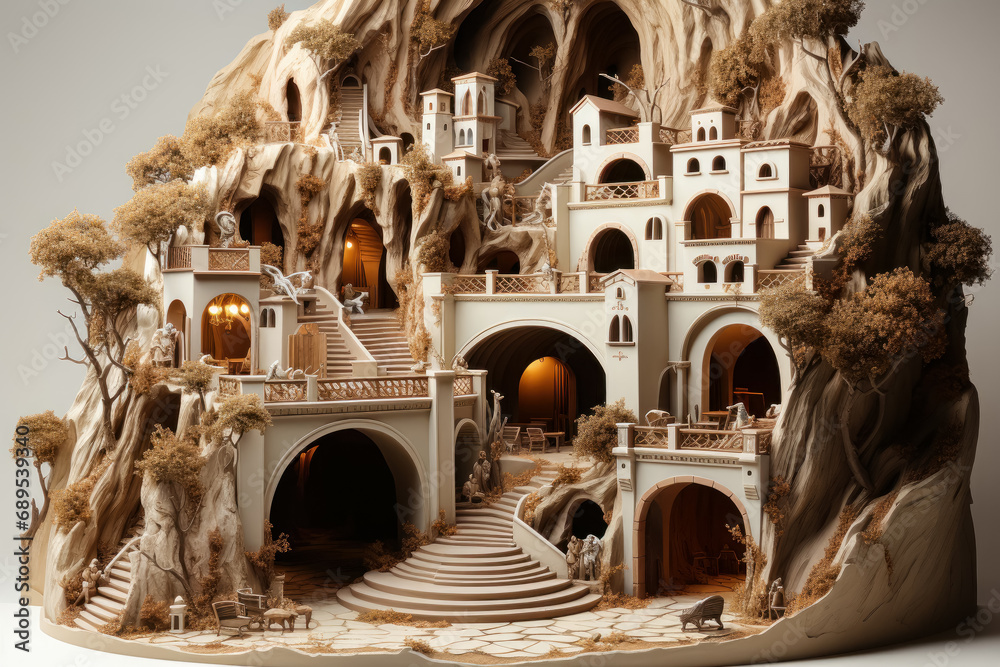 Diorama of a city excavated in the rock. Generative AI.