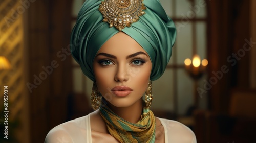 Portrait of a Stylish Woman Wearing a Turban and Scarf with Beautiful Jewellery. A woman wearing a turban and a scarf photo