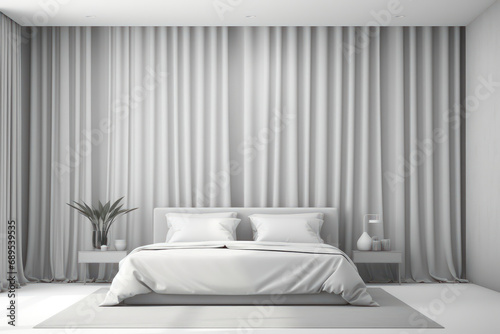 Drawing of a very bright minimalist bedroom. Generative AI.