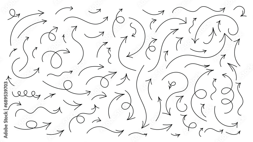 Line arrows set. Hand drawn doodle thin graphic. Curvy and wavy arrows, vector illustration isolated on white background.