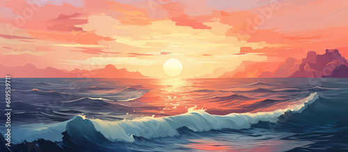 painting of sunset over the ocean with waves crashing on the shore