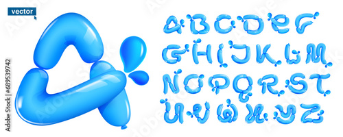 Alphabet made of blue clear water and dew drops. Eco-friendly realistic 3D twisted balloons. Vector elements in plastic cartoon style. Perfect for pure nature banner, healthy filter labels.