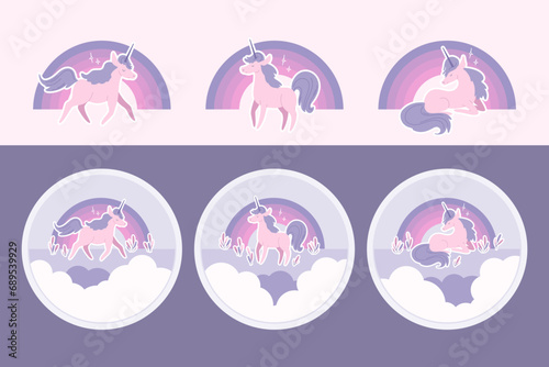 Cute pink unicorns on rainbow. Logo, print