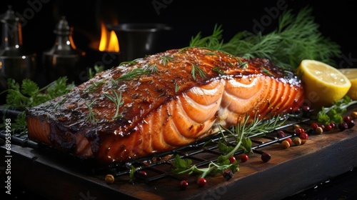 Delicious grilled salmon with vegetable topping, black and blurred background © GradPlanet