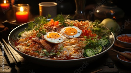 Delicious ramen noodles with egg topping on top, blur background © GradPlanet