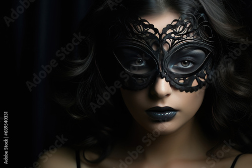 portrait of a woman wearing black lace masquerade eye mask