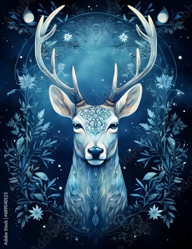 Deer with big antlers in the forest. Christmas illustration. Winter Christmas and New Year background.