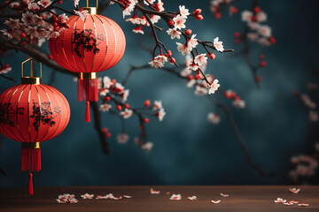 chinese new year lanterns, chinese new year dragon, fireworks in the city, wallpaper and social media background for china newyears festival