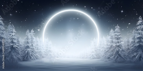 Winter forest with snow covered trees and moon.