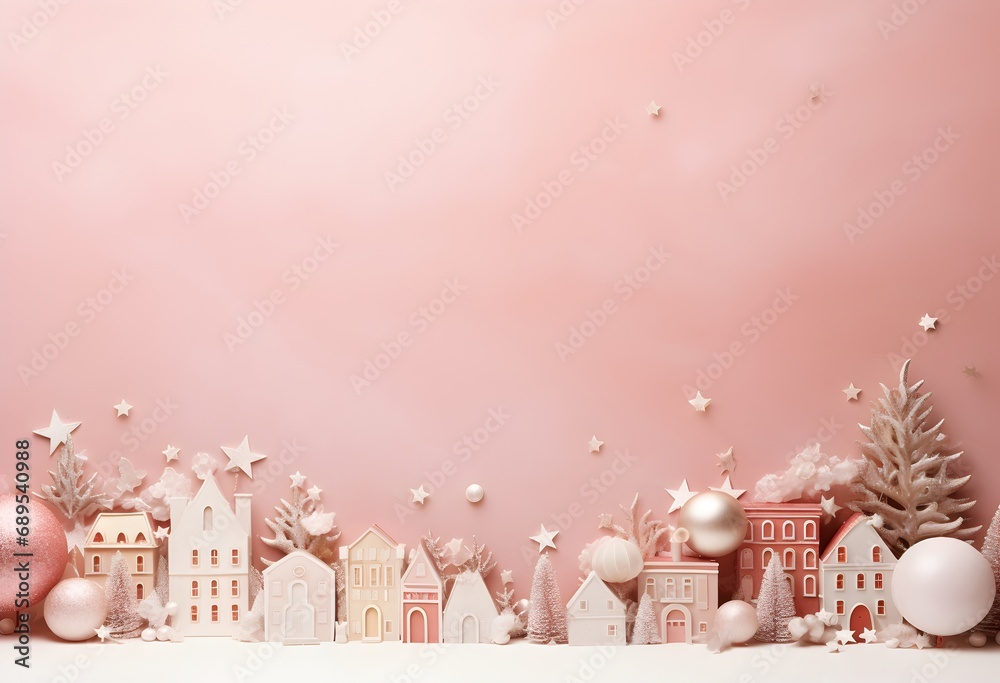 Christmas decorations and gingerbread cookies on pink background. 