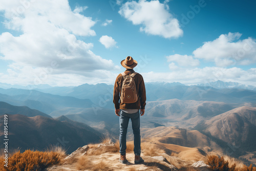 A hiker walking on a mountain valley in spring. Hiking in the Caucasian mountains. Man with Backpack on top of a mountain cliff landscape. Adventure Concept, Travel