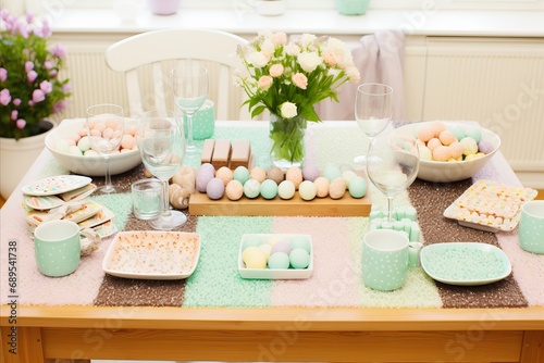 Festive Easter Table. Vibrant and Pastel-Colored Decorations for a Warm and Joyful Atmosphere