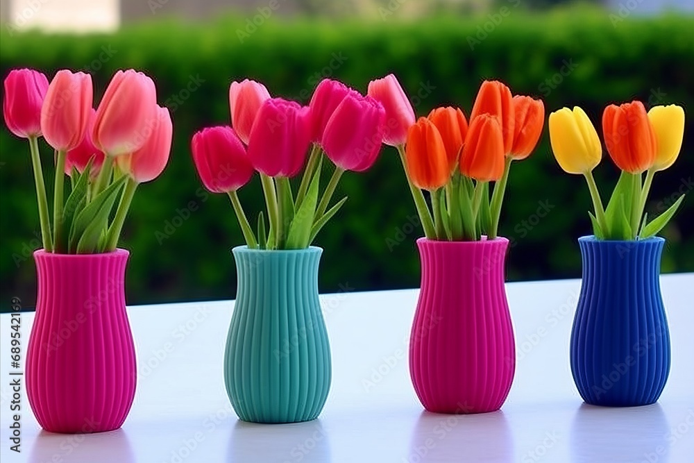 Obraz premium Elegant Table Decor. Vibrant Tulip Arrangement in Stylish Vases, Creating a Stunning Display