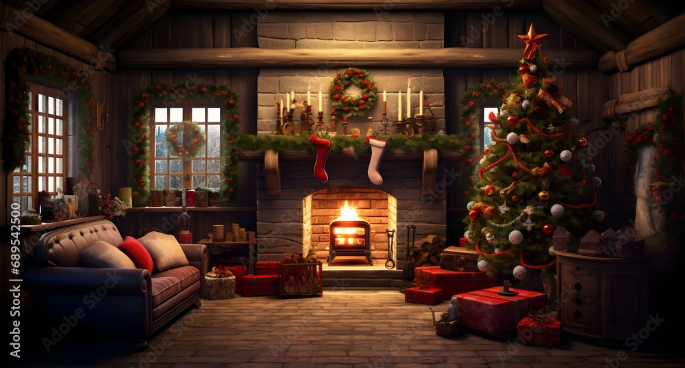 Fairy tale living room with fireplace and christmas tree. Beautiful Christmas interior with fireplace, gifts and Christmas tree. Background.