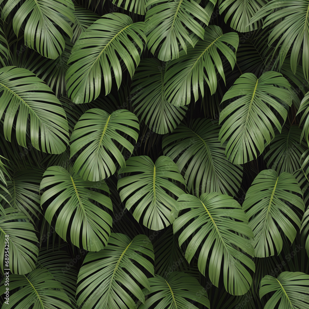 Black tropical plam leaves background with green plants close-up view after rain.