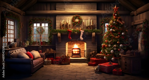 Fairy tale living room with fireplace and christmas tree. Beautiful Christmas interior with fireplace, gifts and Christmas tree. Background. © CosmicAtmoDN