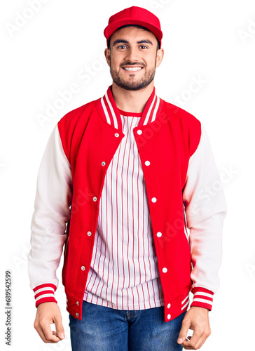 Young handsome man wearing baseball jacket and cap looking positive and happy standing and smiling with a confident smile showing teeth © Krakenimages.com