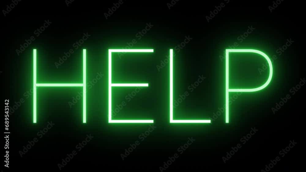 Flickering neon green glowing help sign animated black background