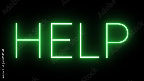Flickering neon green glowing help sign animated black background photo