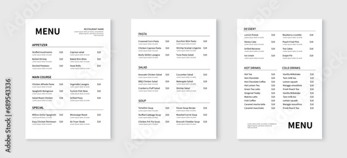 Minimalist menu layout template. Restaurant and cafe menu design. Vector illustration