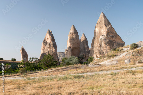 Rose valley with unique volcanic rock formations, Cappadocia, Turkey