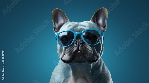 A dogs dressed in a blue shirt and sunglasses