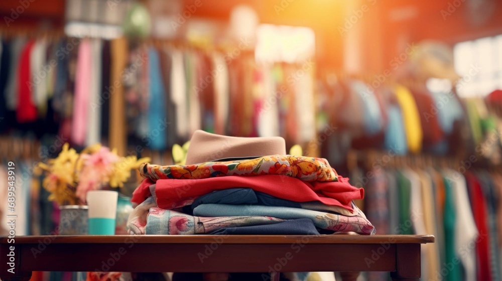 Abstract blur background of charity shop or thrift store, which sell second hand, used clothing, accessories, books and household goods - obrazy, fototapety, plakaty 