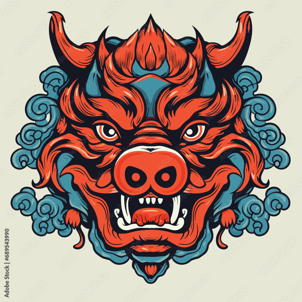 Vector Ornate Boar Head. Patterned Tribal Monochrome Design. Vector illustration in Chinese style