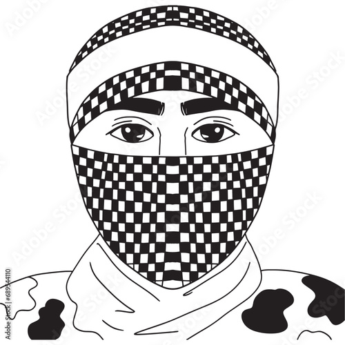 closeup of man in turban covering face. Muslim photo