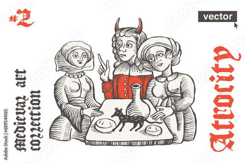 Witches with devil cooking potion with rat. Vector engraving style illustration. Medieval art with gothic lettering. Perfect for bewitchment emblem, pagan music, witch-craze posters, historical prints