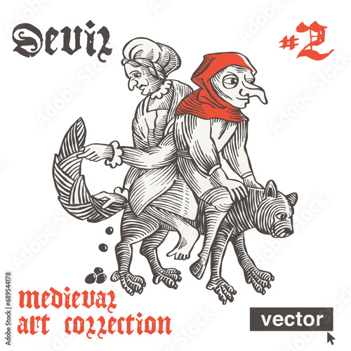 Witch with devil riding on a black cat. Vector engraving style illustration. Medieval art with gothic lettering. Perfect for bewitchment emblem, pagan music, witch-craze posters, historical prints.