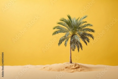Green palm tree on the beach. Yellow vacation background. Summer photo. Banner for travel advertising. Copy space. Wallpaper. Tourism tropical landscape