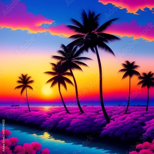 Beautiful Beach Landscape with Palm Trees and Flowers during Sunset Nature Illustration © Dheovano