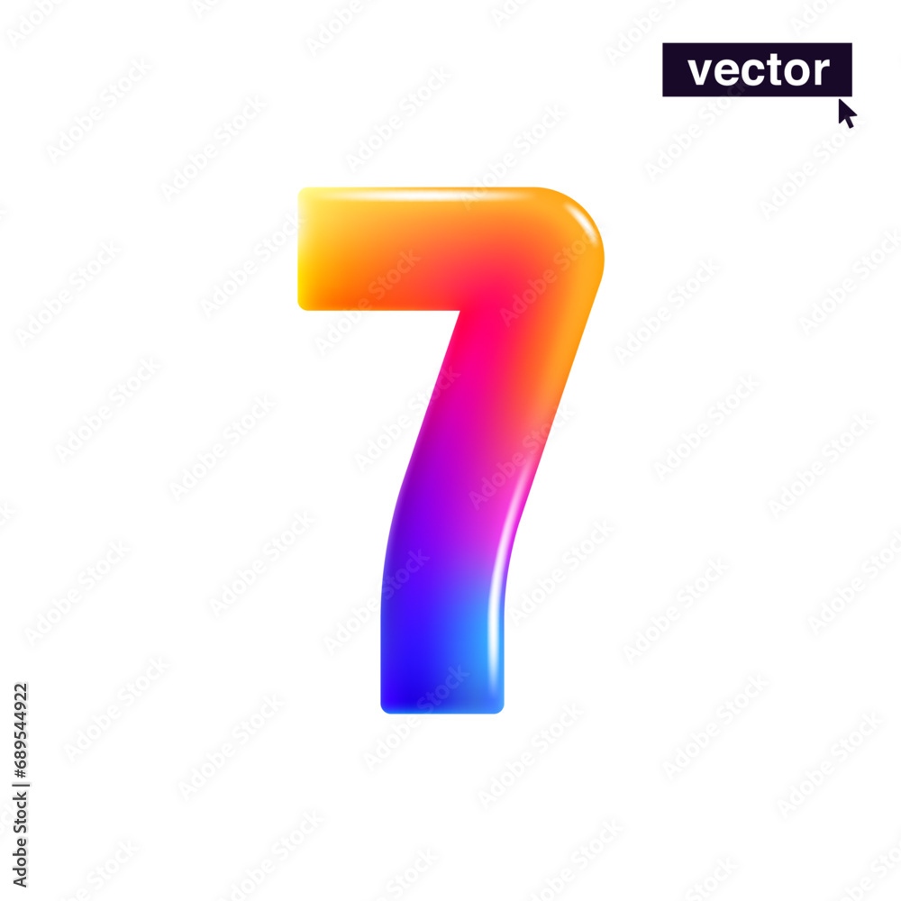 7 logo. Number seven. Realistic 3D design in cartoon vivid style. Vector illustration. Perfect gradient icon for holiday sale banner, glossy tech posters, multicolor emblems, vibrant futuristic ad. 7 logo. Number seven. Realistic 3D design in cartoon vivid style. Vector illustration. Perfect gradient icon for holiday sale banner, glossy tech posters, multicolor emblems, vibrant futuristic ad.