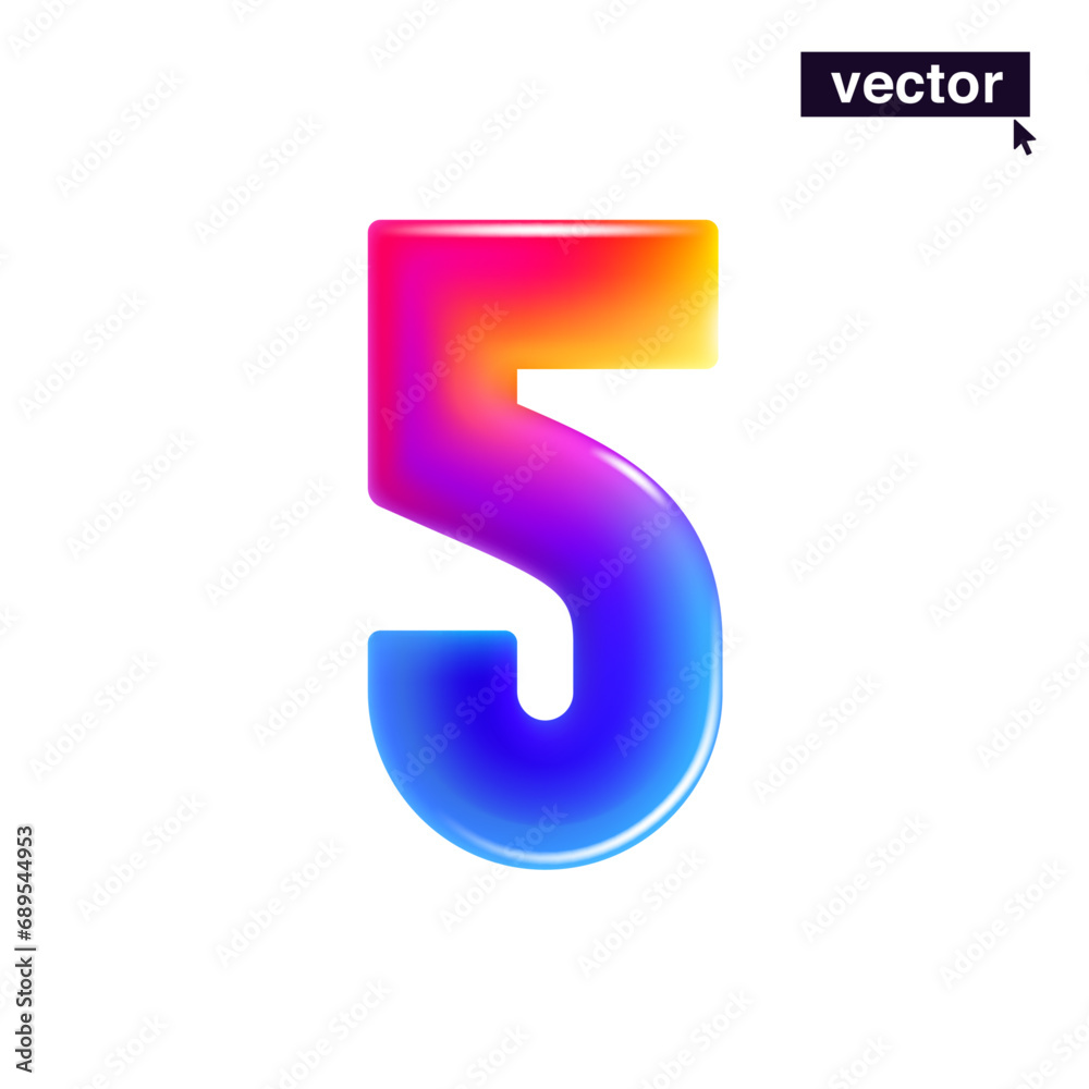 5 logo. Number five. Realistic 3D design in cartoon vivid style. Vector illustration. Perfect gradient icon for holiday sale banner, glossy tech posters, multicolor emblems, vibrant futuristic ad. 5 logo. Number five. Realistic 3D design in cartoon vivid style. Vector illustration. Perfect gradient icon for holiday sale banner, glossy tech posters, multicolor emblems, vibrant futuristic ad.